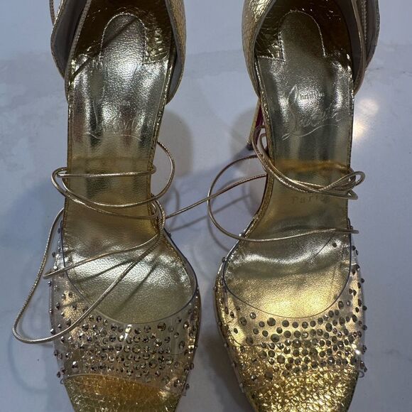 Christian Louboutin Gold Strappy Heels with Crystal Detailing - Picture 4 of 13